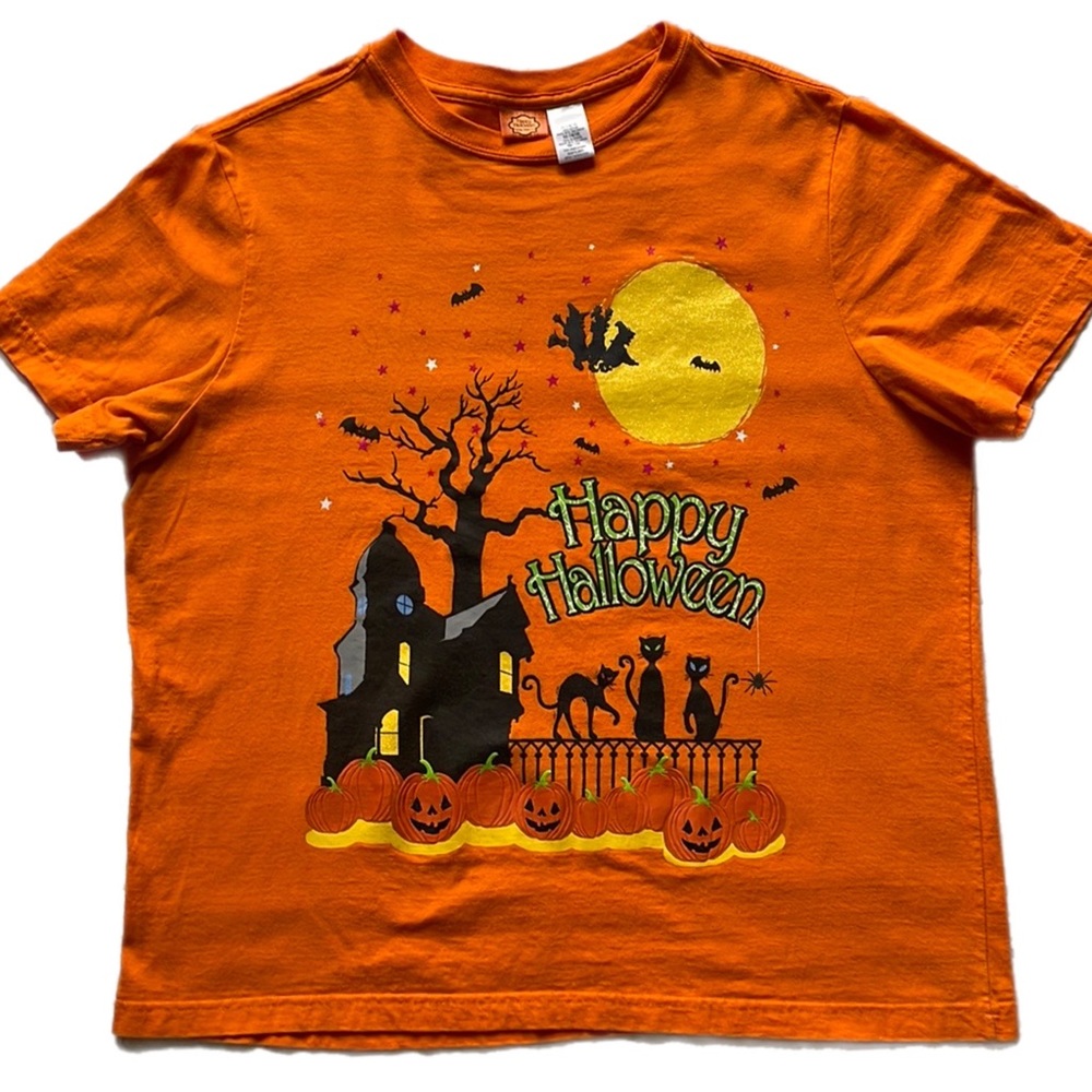 Retro Happy Halloween Spooky Haunted House Black Cat Tee Shirt